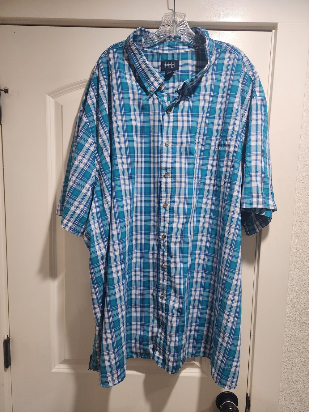 Harbor Bay Teal and White Plaid Short-Sleeve Button-Down Shirt 5XL